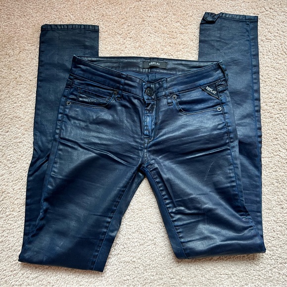 Replay Jeans Replay Low Rise Shiny Wax Coated Slim Jeans 26w